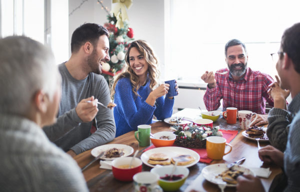 Family having breakfast on Christmas morning.